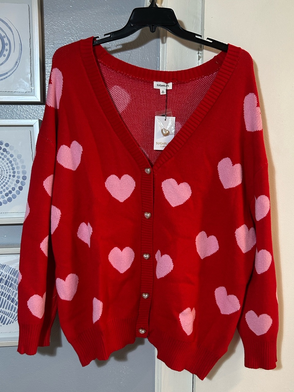 SUGARLIPS Red Pink Heart-Print Whimsical Heart Button Cardigan Sweater Sz 3X NWT